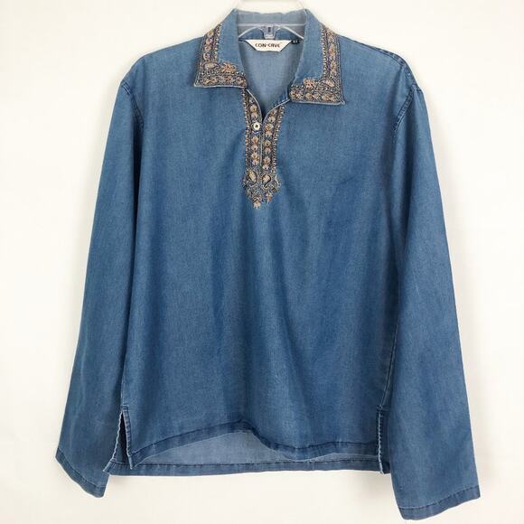 Con-Cave Embroidered Western Chambray Bohemian Cabincore Timeless Top Size Large - Picture 1 of 12
